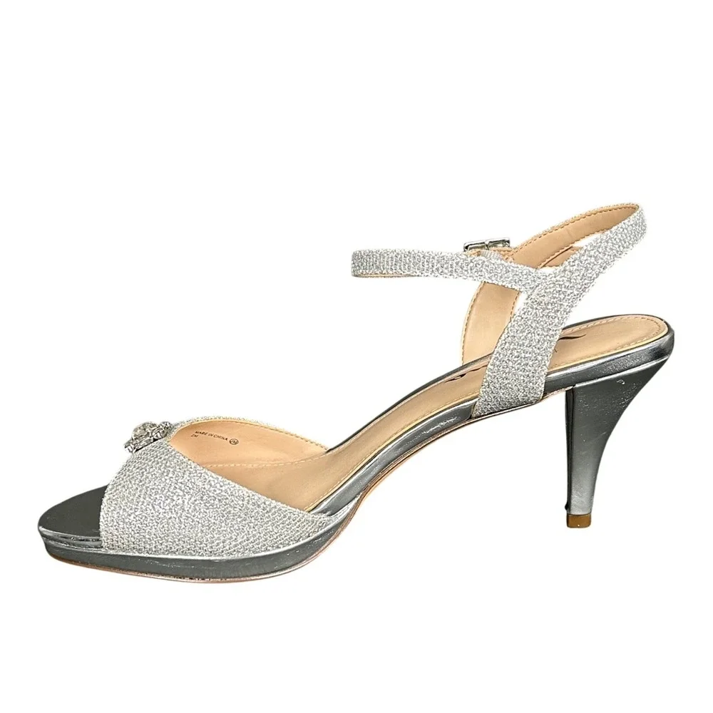 Nina Najia Silver Glitter Ankle Strap Heeled Sandals 7.5W Crystal Buckle Formal‎